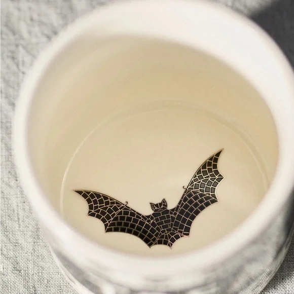 NEW Anthropologie Bistro Tile Halloween Coffee Mug Trick or Treat Bat 24K Gold - Picture 3 of 4